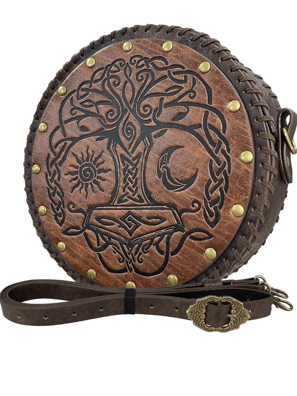 Handcrafted Brown Leather Round Crossbody Bag with Celtic Tree Motif